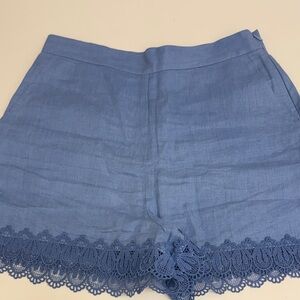 VTCH Linen Blue Lace-Hem High-Waist Shorts